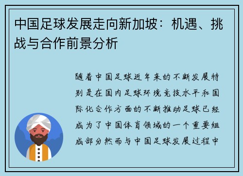 中国足球发展走向新加坡：机遇、挑战与合作前景分析